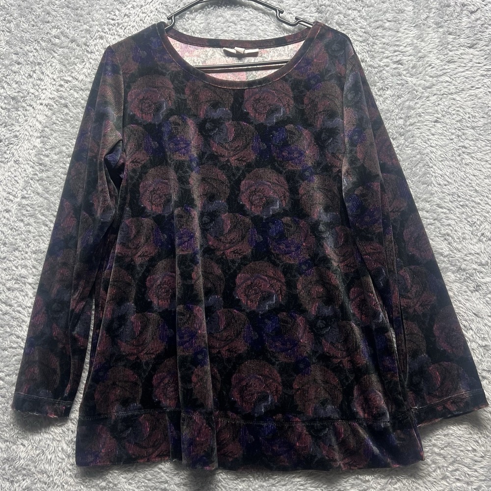Woman Within Top Womens 14/16 Medium Black Floral Roses‎ Velvet Dark Romantic